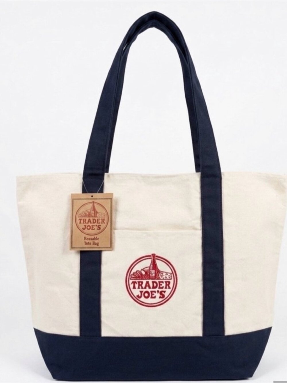 Trader Joe's NEW Canvas Tote Bag Large Navy Tan Trim Shopper